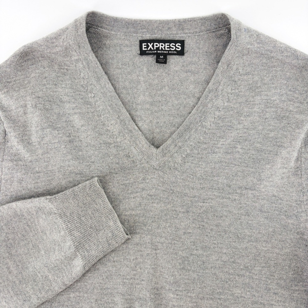 Express Merino Wool Sweater Mens M Gray Italian V-Neck Preppy